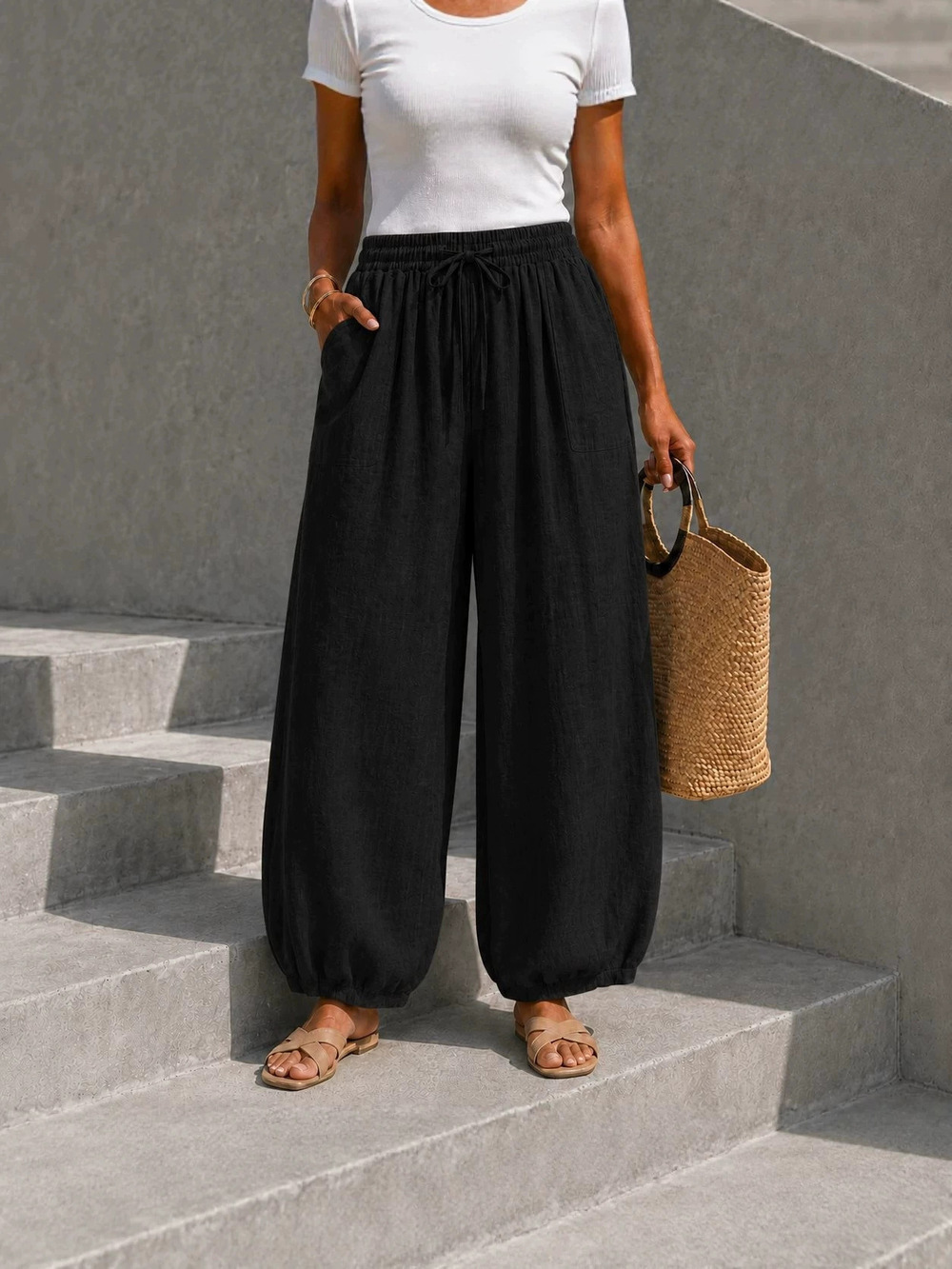 Womens Elastic Waist Loose Wide Leg Harem Pants Casual Vacation